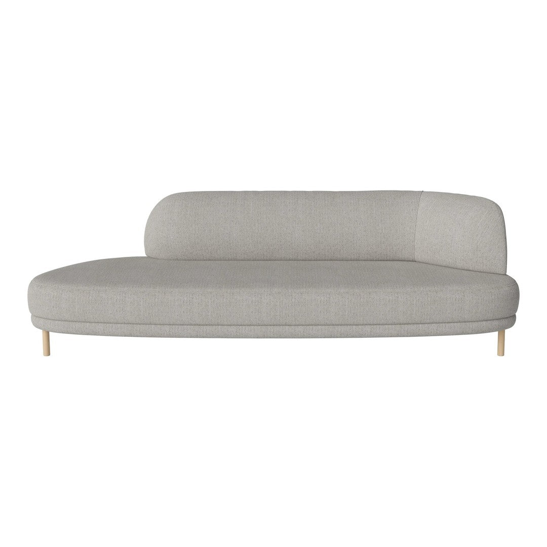Gray fabric sofa with a minimalist design and curved shape, featuring light wooden legs.