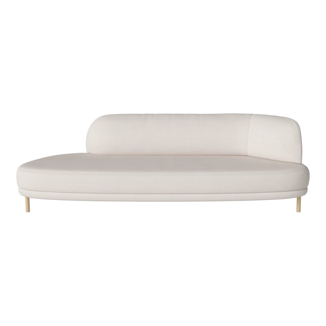 White modern loveseat with smooth upholstery and minimalist design, featuring a sleek, rounded shape and light wooden legs.