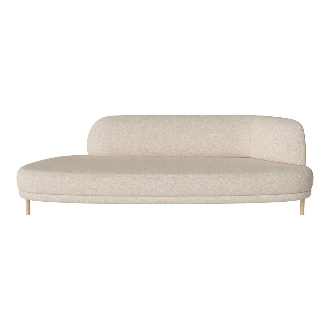 Beige curved sofa with a smooth texture and minimalist design, featuring natural wood legs for a modern look.