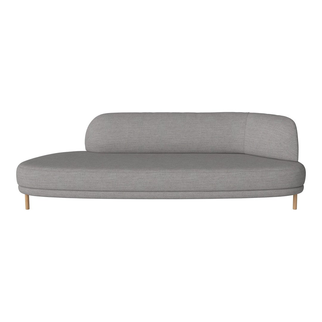 Gray modern couch with sleek, curved design and natural wood legs, featuring a smooth, solid fabric texture.