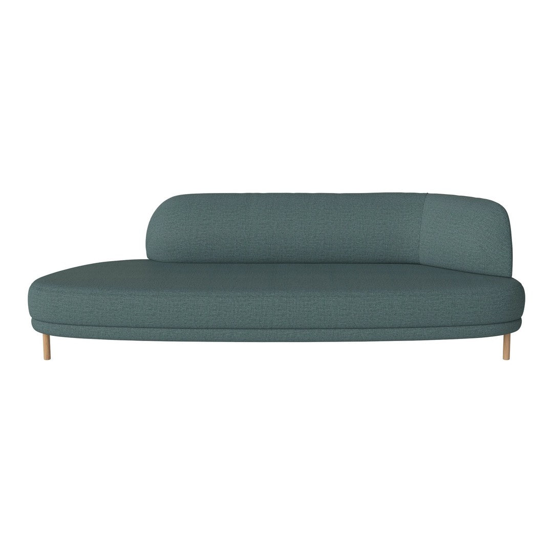 Teal curved sofa with a smooth texture and light wooden legs, perfect for modern interiors.
