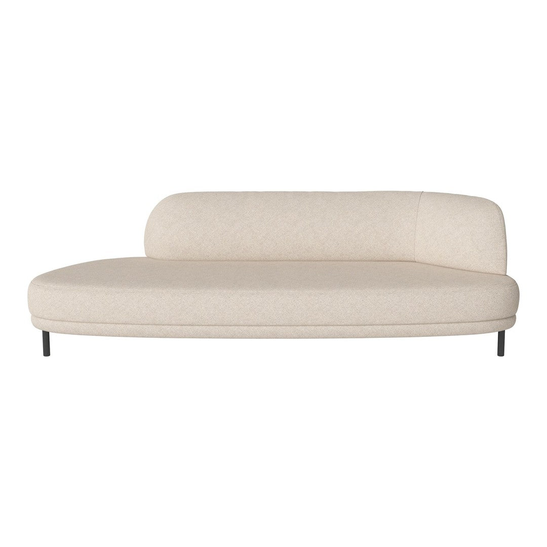 Beige curved sofa with a smooth fabric texture, featuring minimalist design and black metal legs. Ideal for modern decor.