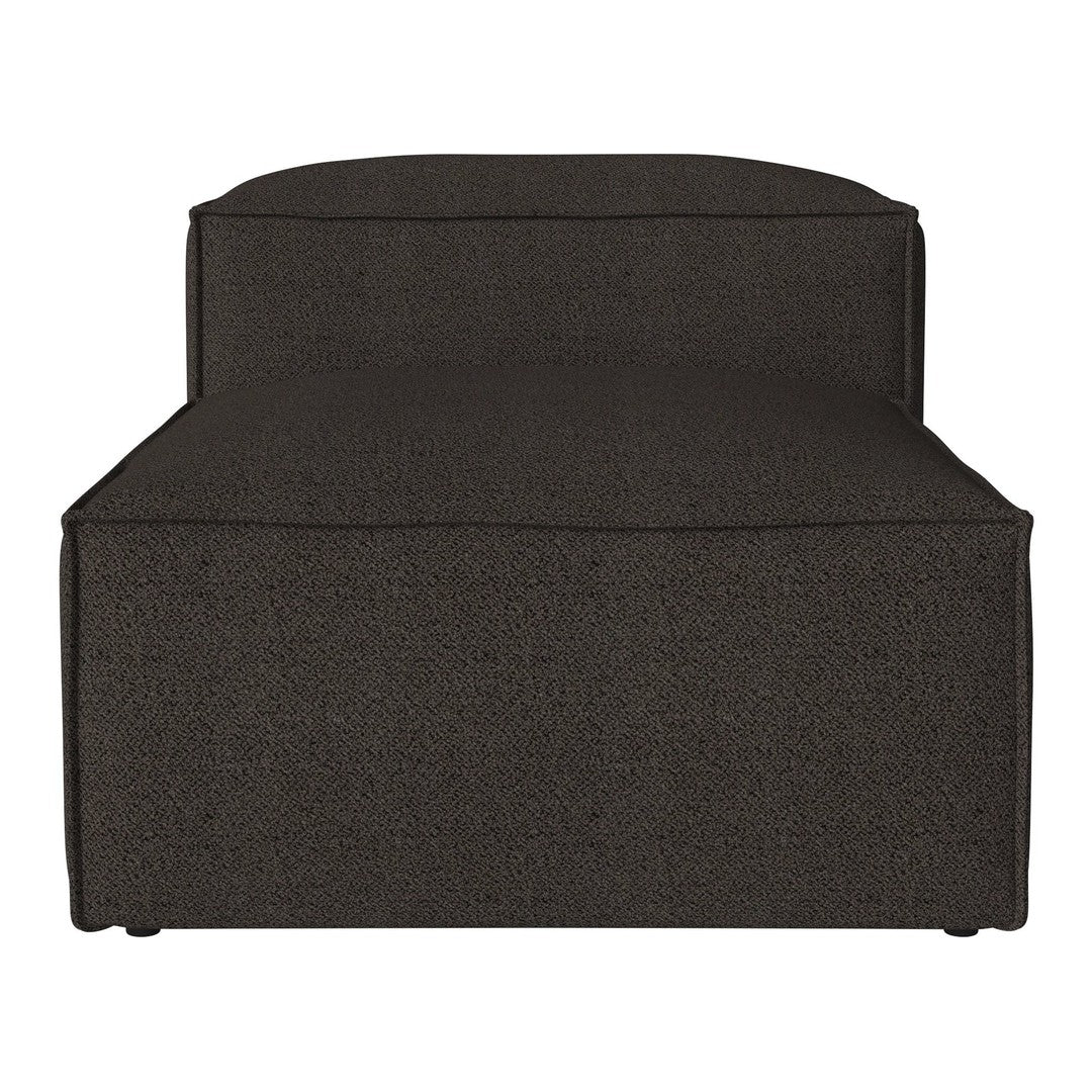 Dark brown upholstered chaise lounge with a smooth, textured finish. Minimalist design highlights elegant simplicity.