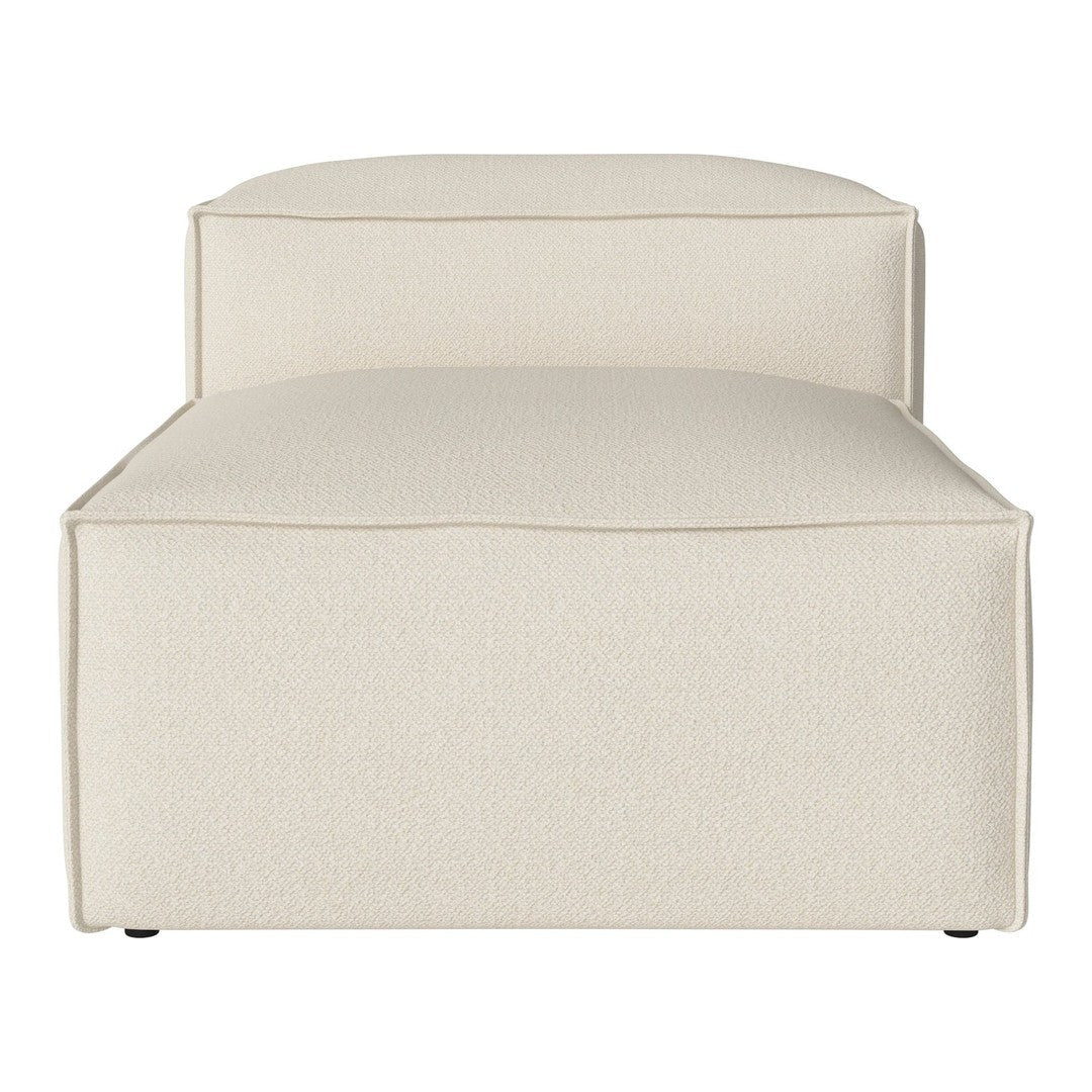 Cream-colored, minimalist chaise lounge with a smooth, solid pattern and modern design. Perfect for any decor.