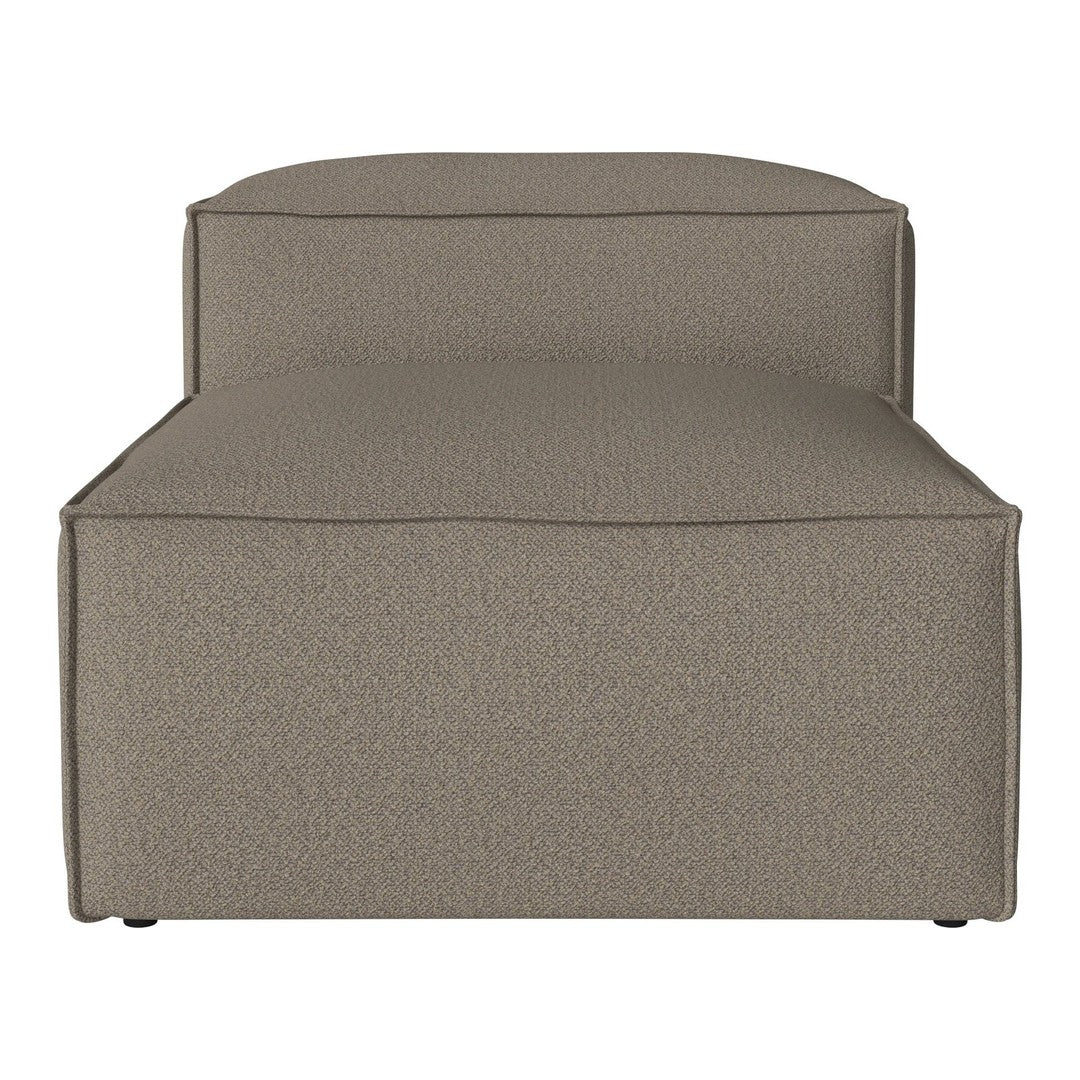 Taupe-colored upholstered chaise lounge with a textured fabric design, featuring clean lines and a minimalist look.