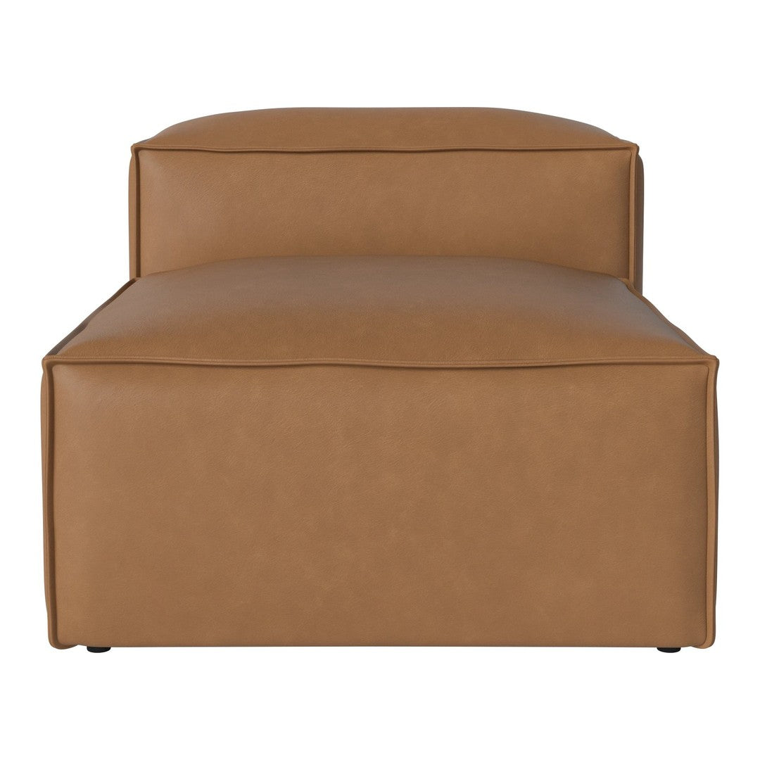 Brown faux leather ottoman with a minimalist design and smooth, clean lines. Perfect for modern decor.