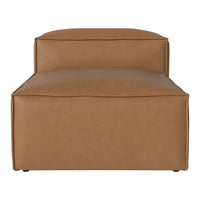 Brown faux leather ottoman with a minimalist design and smooth, clean lines. Perfect for modern decor.