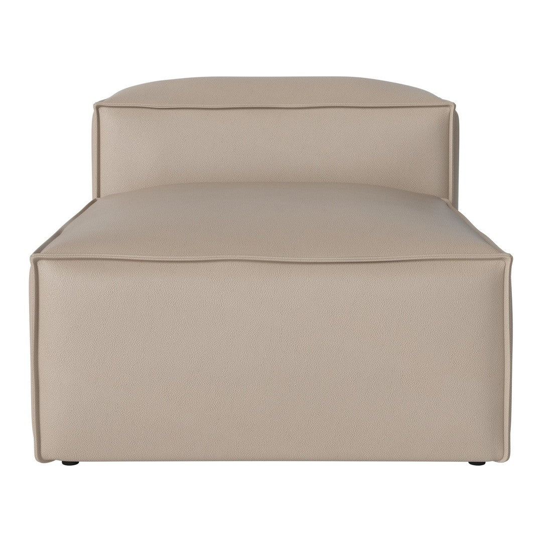 Beige minimalist lounge chair with smooth, uniform fabric and clean lines, perfect for modern home decor.
