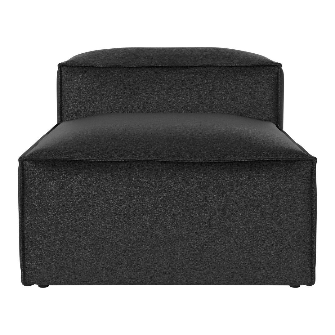 Black upholstered ottoman with a sleek, modern design and smooth fabric texture, perfect for contemporary interiors.