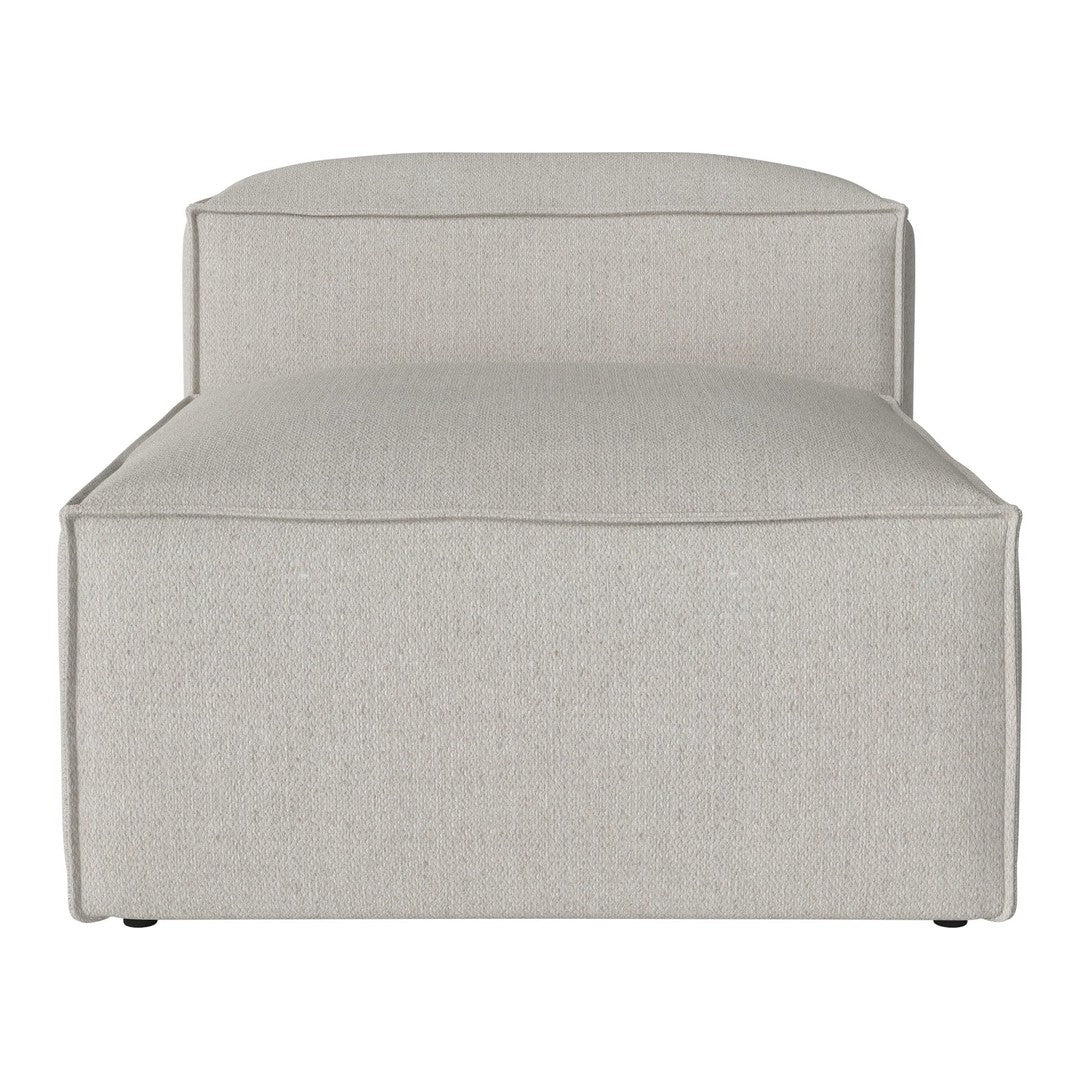 Light gray upholstered chaise lounge with a smooth, minimalist design and subtle textured pattern.