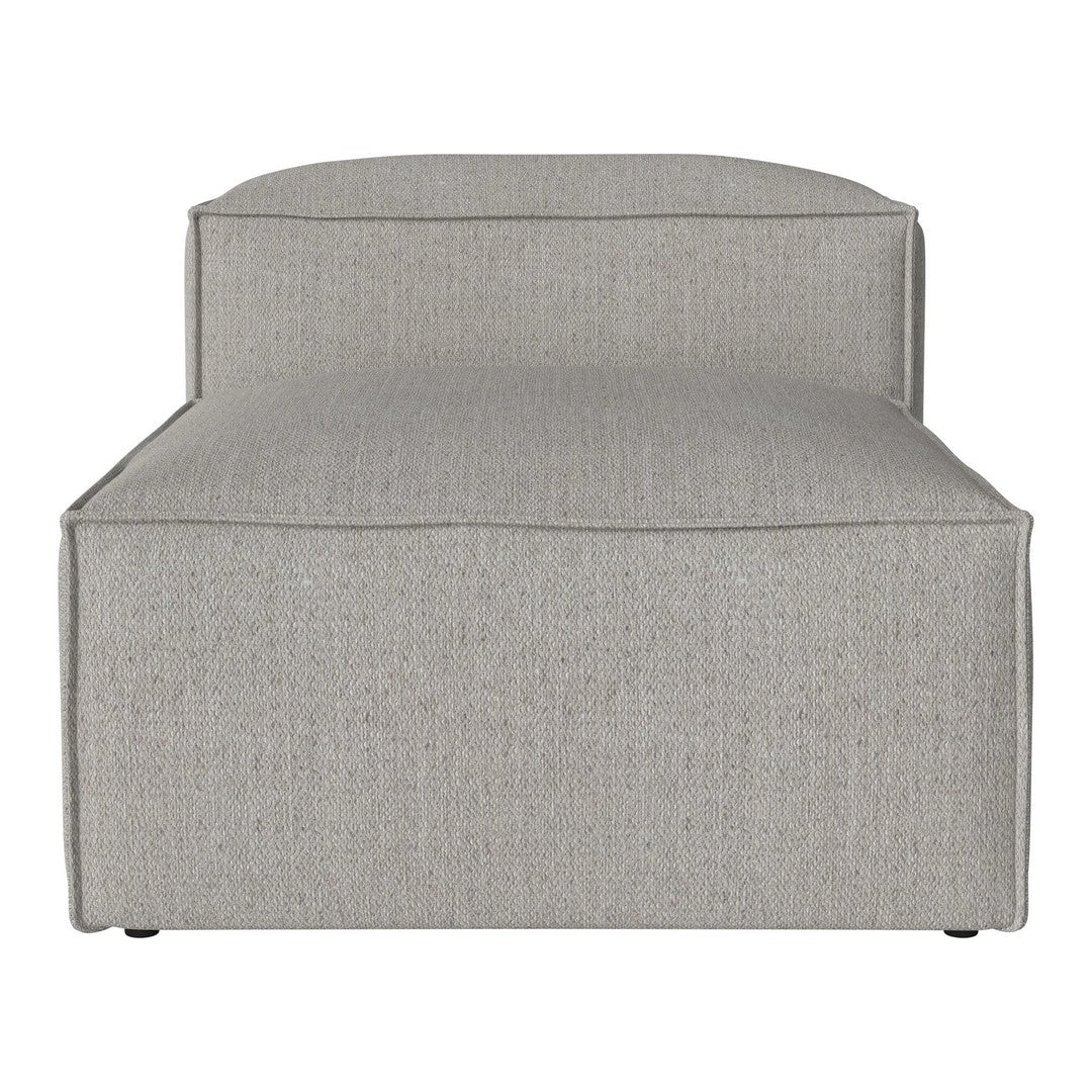 Gray upholstered chaise lounge with a minimalist design and subtle texture pattern. Ideal for modern decor.