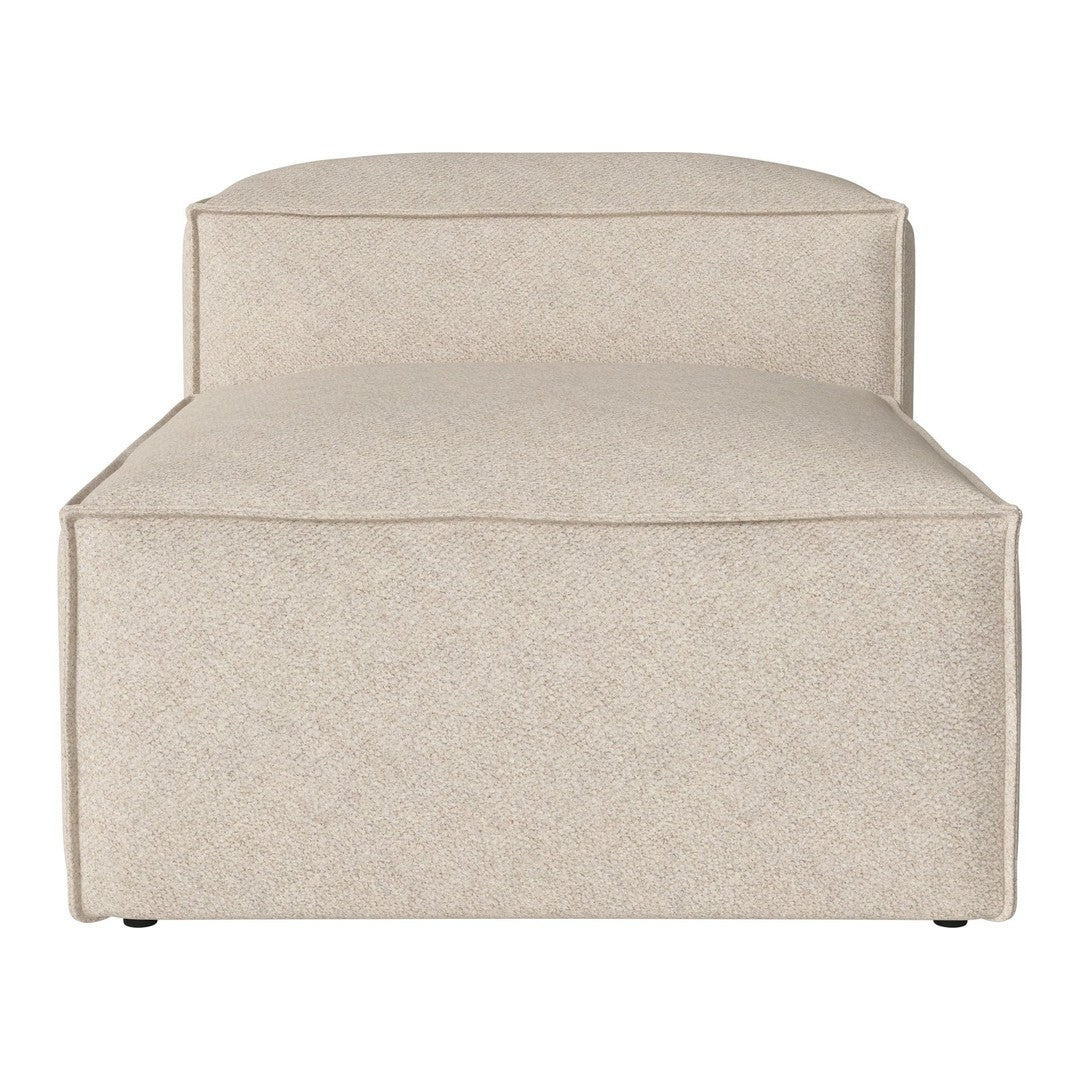 Beige upholstered chaise lounge with a smooth, minimalist design. Neutral color enhances any decor.