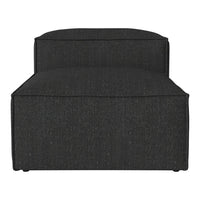 Black textured fabric ottoman with a minimalist design, featuring a smooth surface and simple lines.