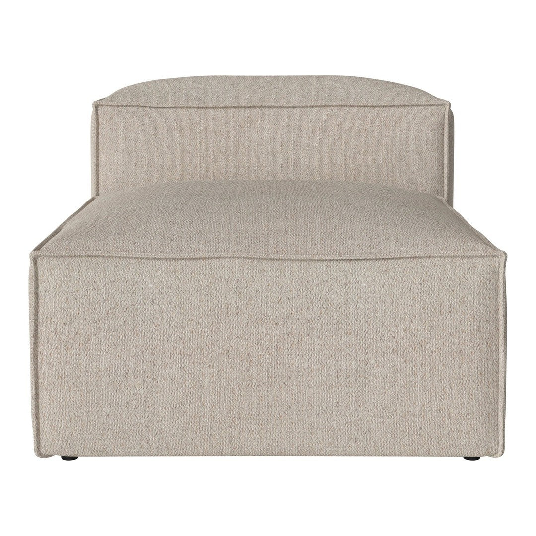 Beige upholstered chaise lounge with a subtle textured pattern. Ideal for modern and neutral decor.