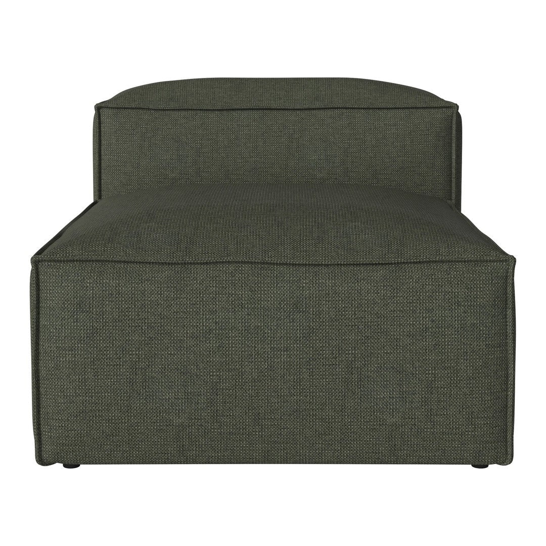 Green upholstered chaise lounge with a subtle textured pattern and clean lines. Perfect for modern decor.