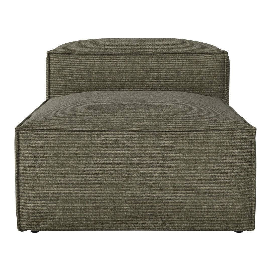 Green striped ottoman with a textured fabric, featuring a modern, minimalist design for contemporary interiors.