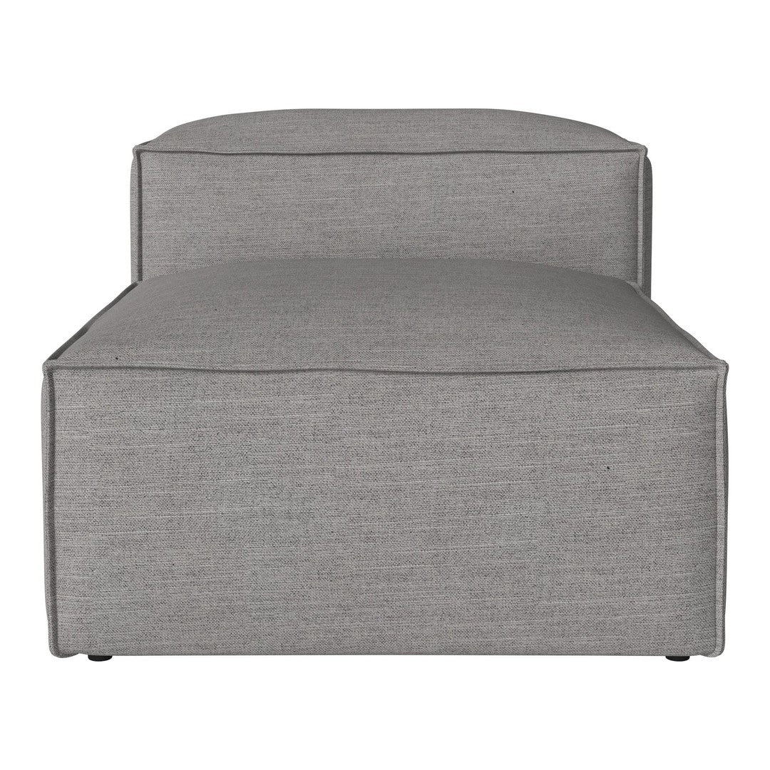 Gray upholstered chaise lounge with a smooth, textured fabric in a minimalist design.