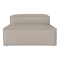 Beige upholstered ottoman with a textured pattern and minimalist design. Perfect for modern living spaces.