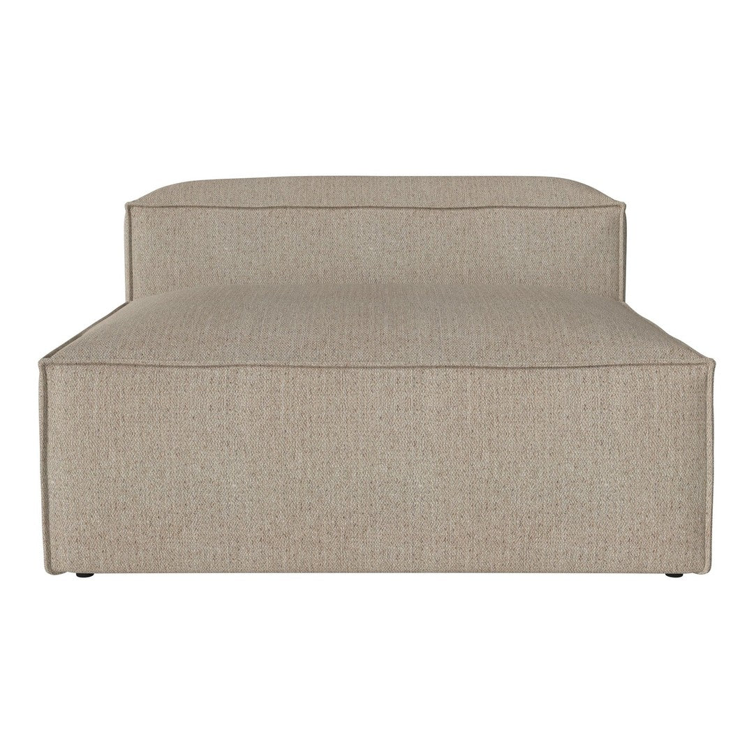 Neutral beige fabric chaise lounge with a subtle textured pattern and clean, modern lines. Ideal for contemporary spaces.
