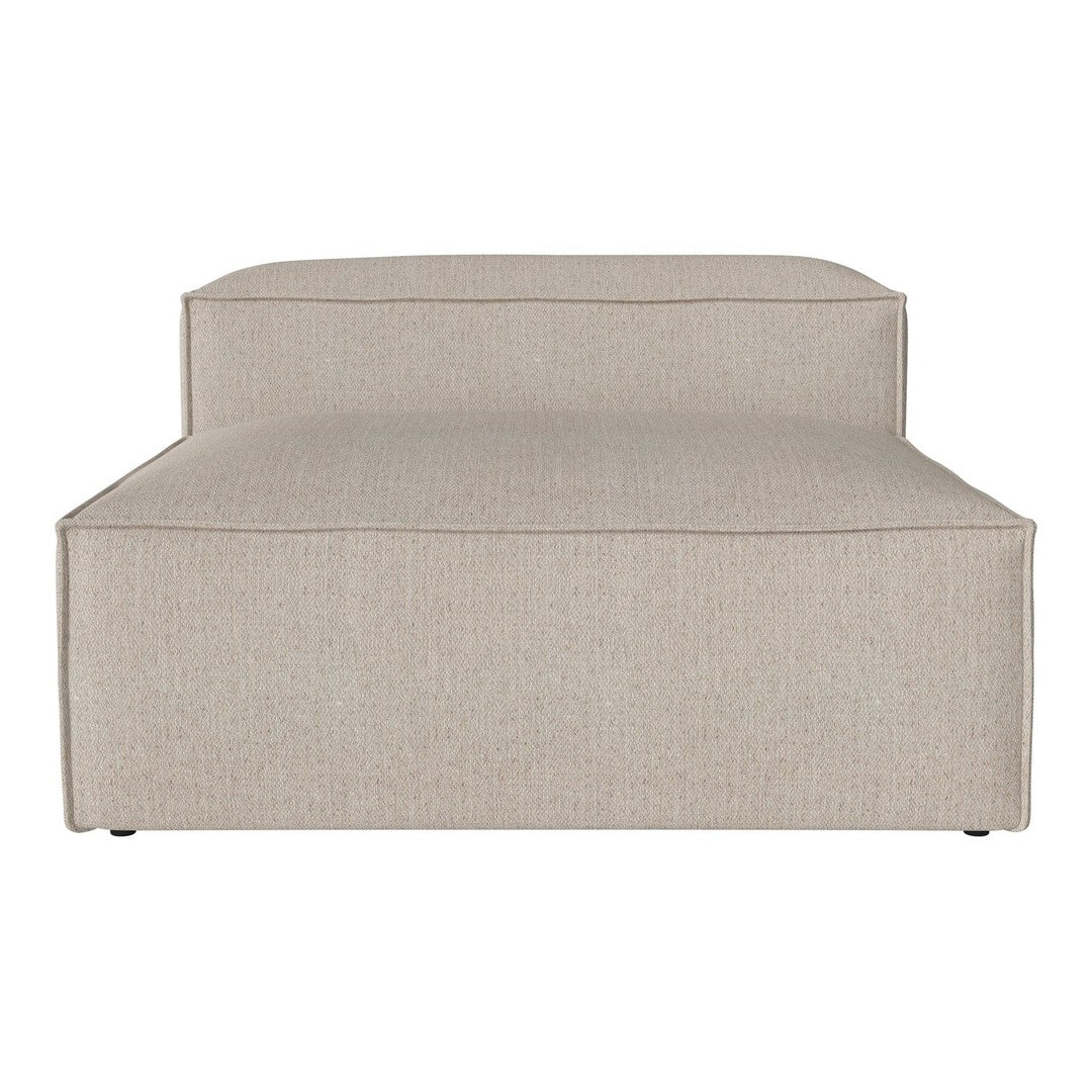 Beige upholstered sofa with a smooth, textured fabric and a minimalist design. Perfect for modern living spaces.