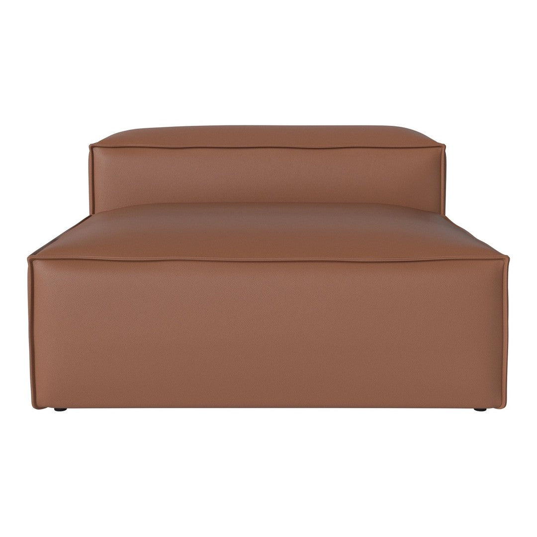 Brown leather ottoman with smooth, minimalist design and clean lines, perfect for modern decor.