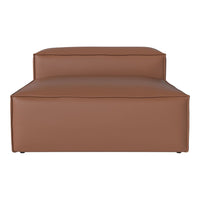 Brown leather ottoman with smooth, minimalist design and clean lines, perfect for modern decor.