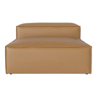 "Stylish tan leather ottoman with a sleek, modern design and minimalist aesthetics."