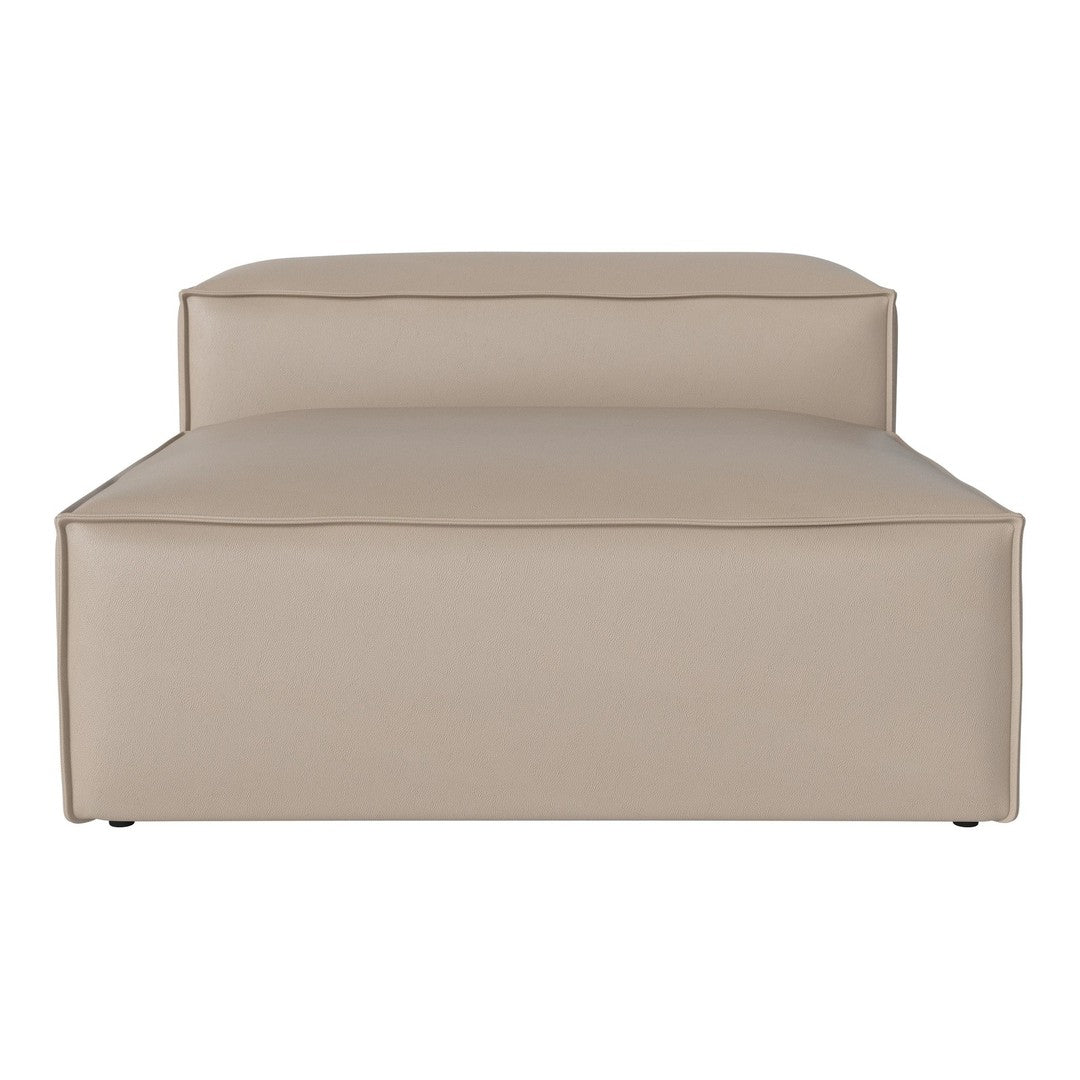 Beige upholstered chaise lounge with clean lines and minimalist design. Perfect for modern interiors.