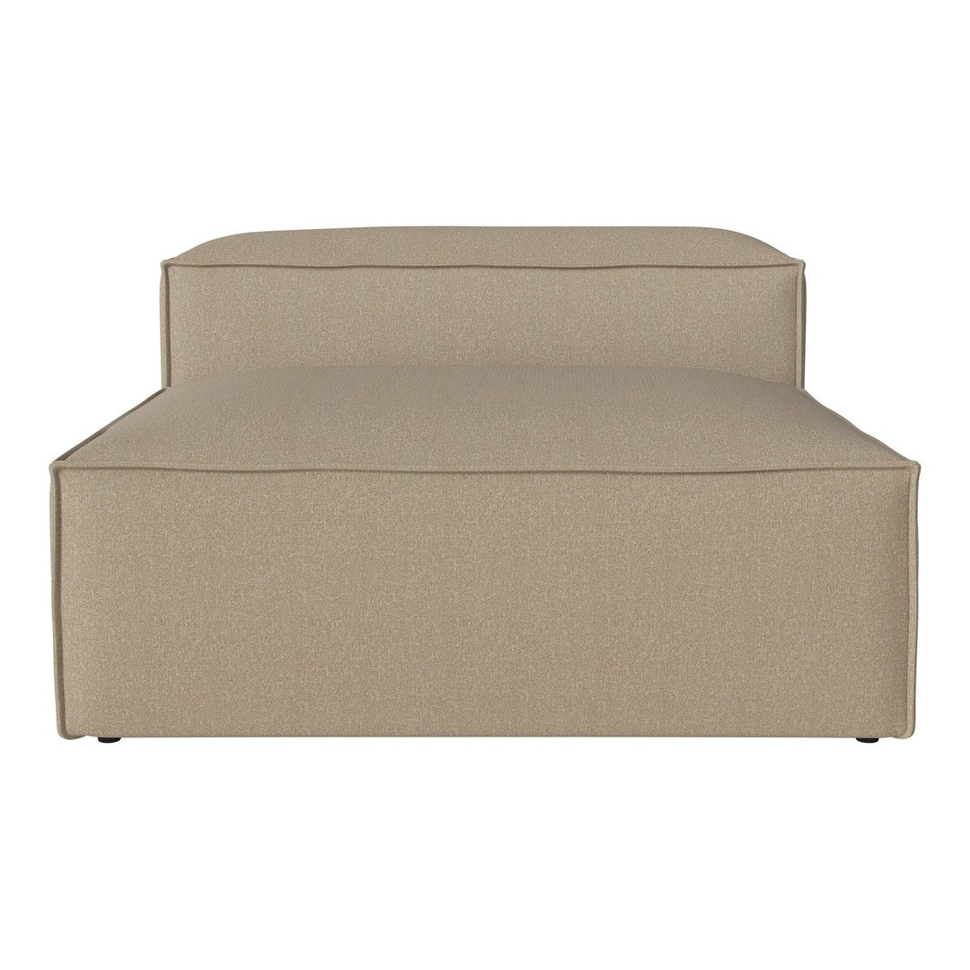 Beige upholstered chaise lounge with a minimalist design and smooth texture. Perfect for modern living spaces.