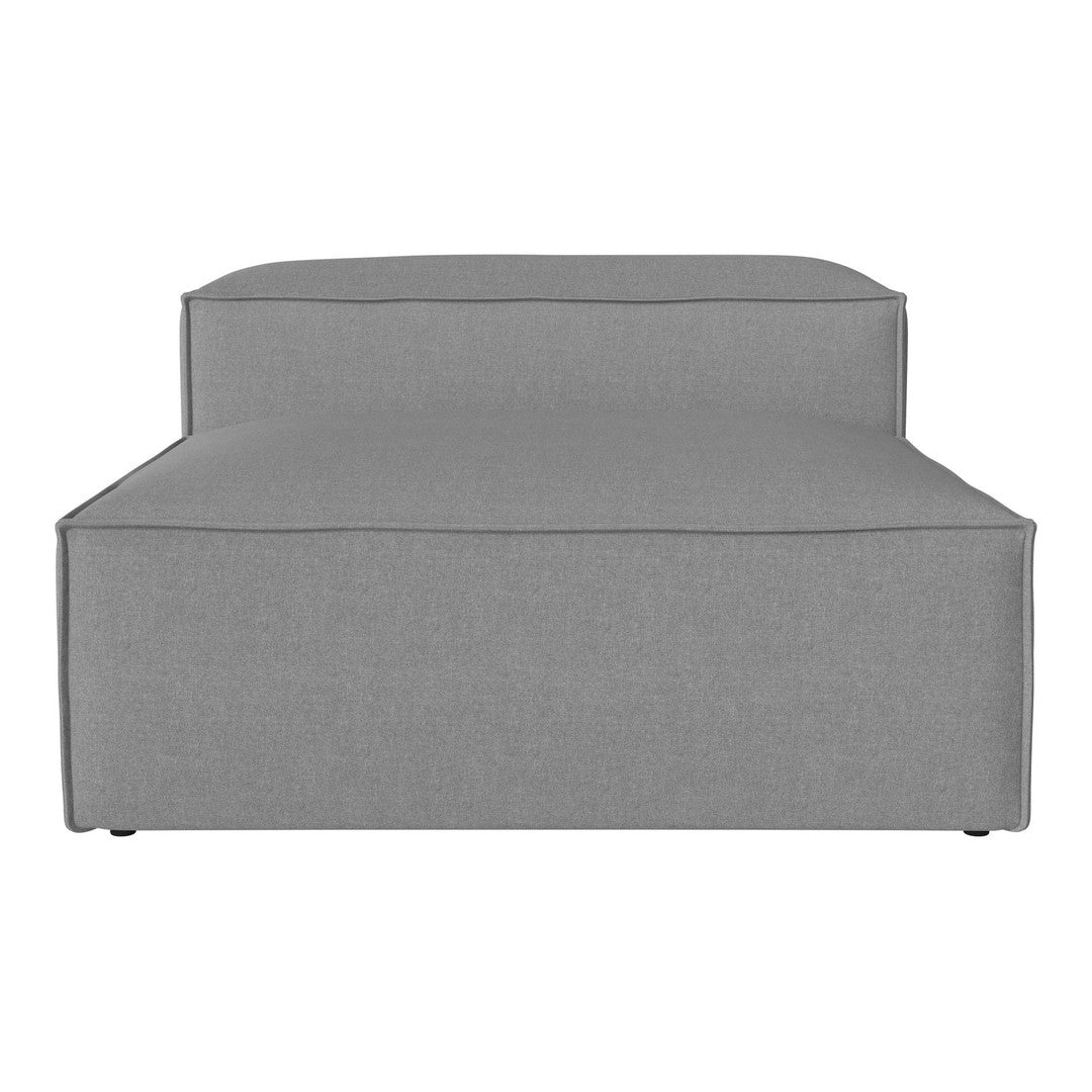 Gray upholstered ottoman with a sleek, minimalist design and clean lines. Ideal for modern interiors.
