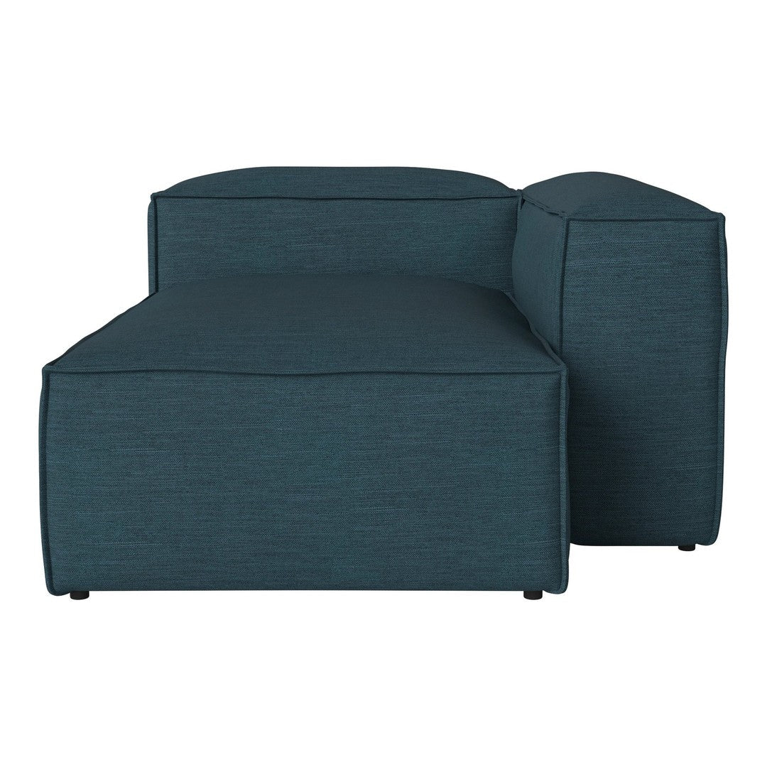 Teal fabric chaise lounge with a modern, minimal design and clean lines, perfect for contemporary decor.