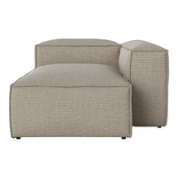 Beige striped fabric chaise lounge with a modern, minimalist design and clean lines. Ideal for contemporary spaces.