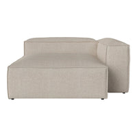 Beige upholstered sectional sofa with a sleek, minimalist design and subtle textured pattern.