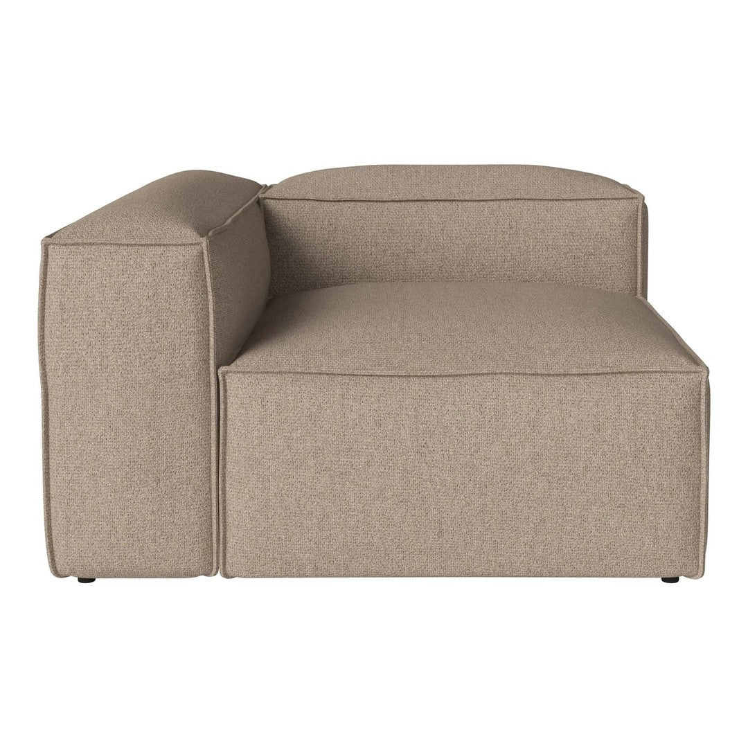 Tan fabric chaise lounge with a minimalist design and clean lines, perfect for modern decor.