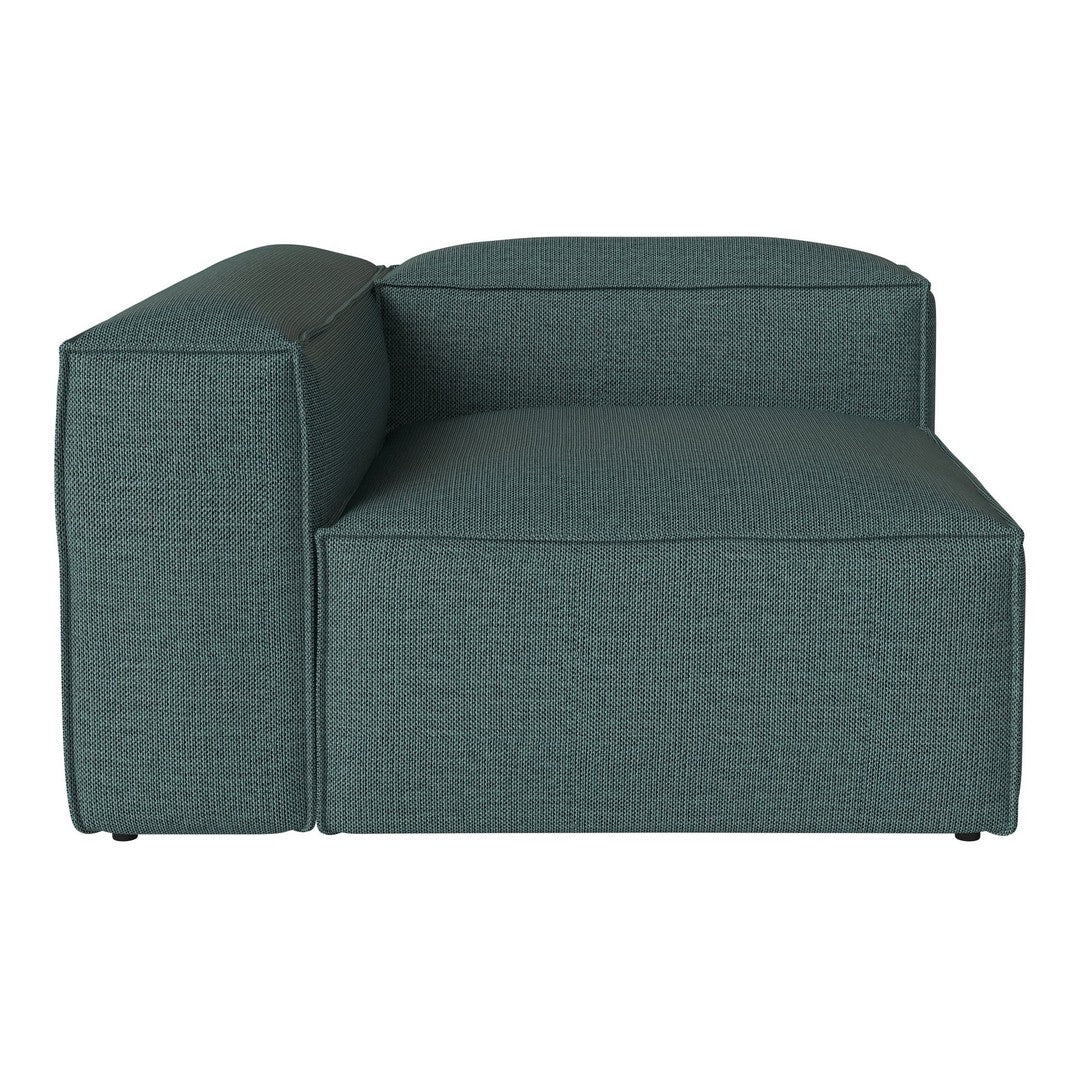 Teal sectional sofa with a textured fabric pattern, featuring clean lines and a contemporary design.