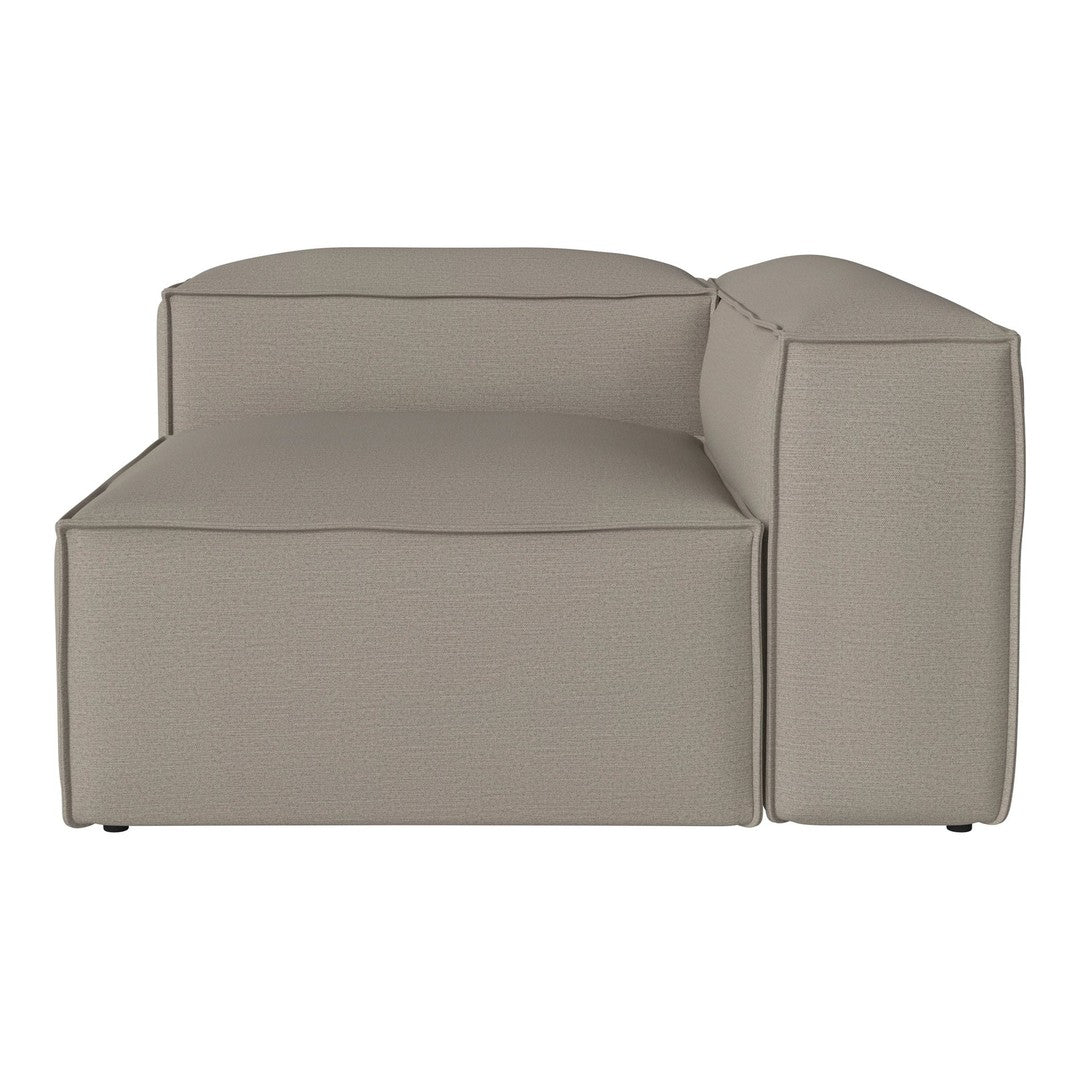 Beige modern sectional sofa with clean lines and minimalist design, featuring a smooth, textured fabric surface.