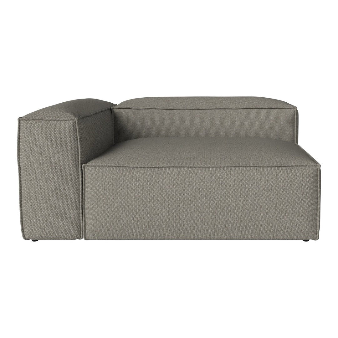 Modern gray chaise lounge with a textured fabric pattern, featuring clean lines and a minimalist design.