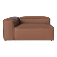 Brown leather sectional sofa with a sleek, modern design and minimalist square patterns, perfect for contemporary spaces.