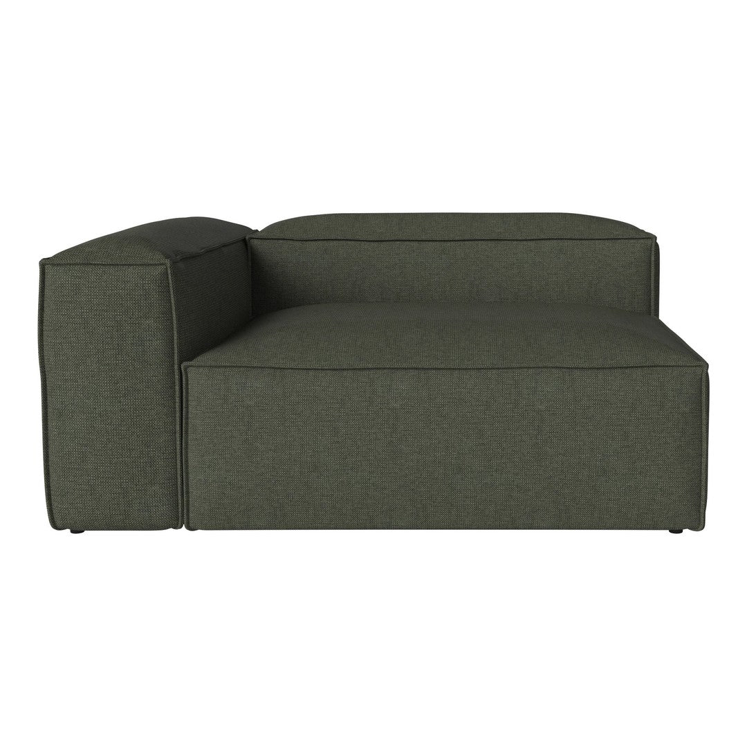 Dark green, modern sectional sofa with a sleek, geometric design and textured fabric. Perfect for contemporary living spaces.
