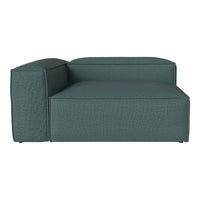 Teal sectional sofa with a textured fabric pattern, featuring a sleek, modern design and clean lines.