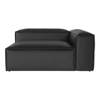 Black leather sectional sofa with sleek, modern lines and a minimalist design. Perfect for contemporary decor.