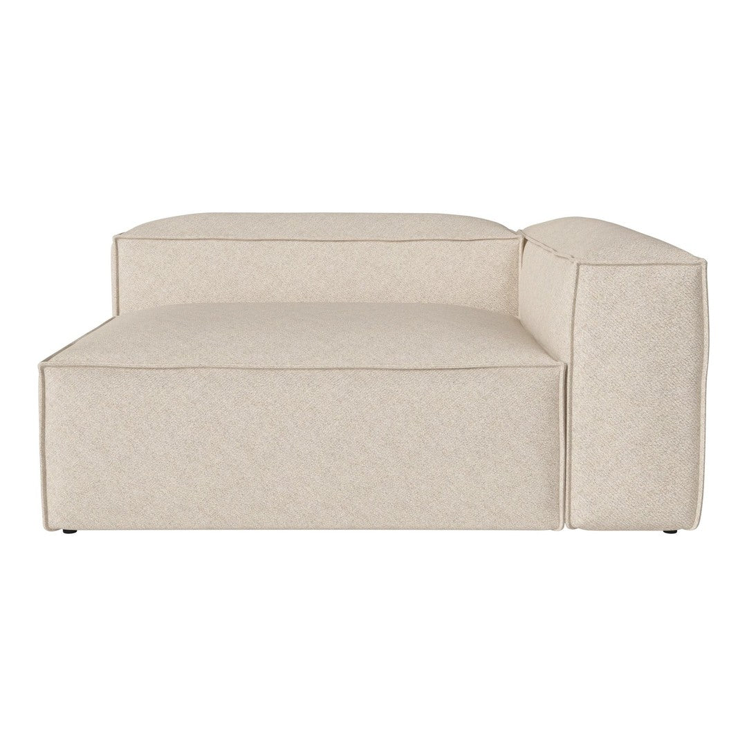 Beige upholstered sofa with a smooth, minimalist design and subtle textured pattern.