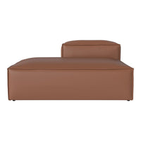 Brown faux leather chaise lounge with a sleek, minimalist design. Smooth, solid color and modern shape.