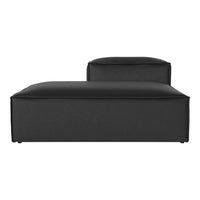 Black upholstered chaise lounge with a minimalist design and sleek lines, perfect for modern interiors.
