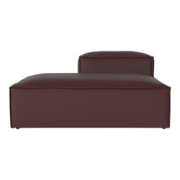 Brown leather lounge chair with a smooth, modern design and minimalist lines.