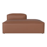 Brown leather sectional with a minimalist design, featuring smooth, contemporary lines and a sleek profile.
