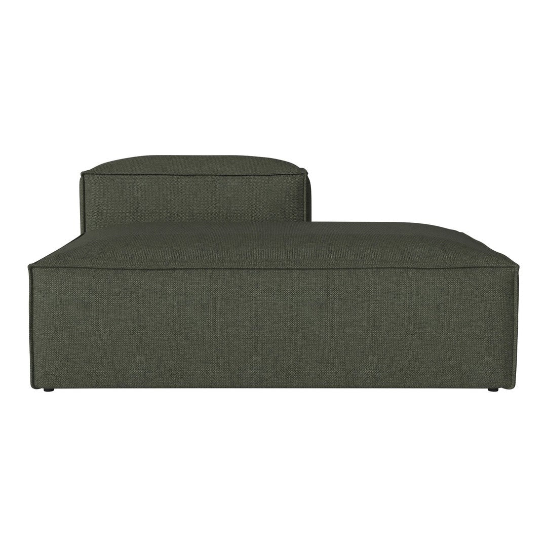 Olive green fabric chaise lounge with a minimalist design and clean lines, perfect for modern interiors.