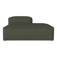 Olive green fabric chaise lounge with a minimalist design and clean lines, perfect for modern interiors.