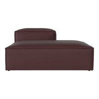 Brown leather chaise lounge with a modern, minimalist design and sleek lines. Perfect for contemporary interiors.