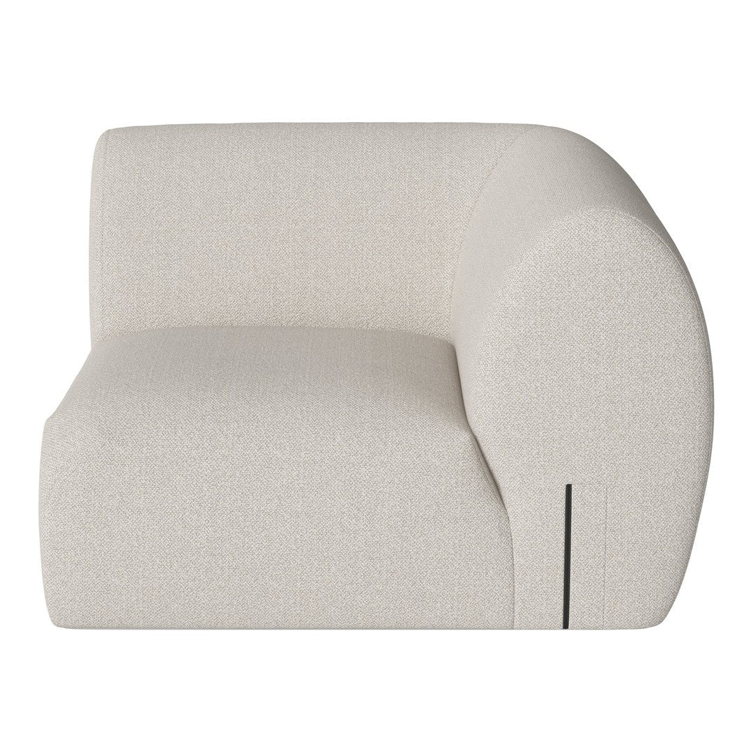 Textured off-white fabric sofa with a rounded design and subtle linear accents. Clean and modern aesthetic.
